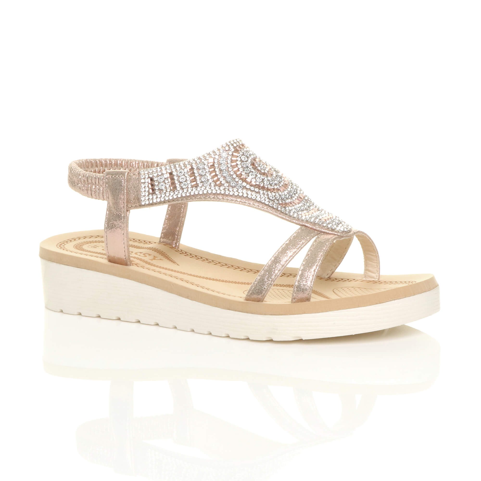 Rose Gold AJVANI Rose Gold Flatform Diamante T-Bar Slingback Sandals, Image 1 of 6