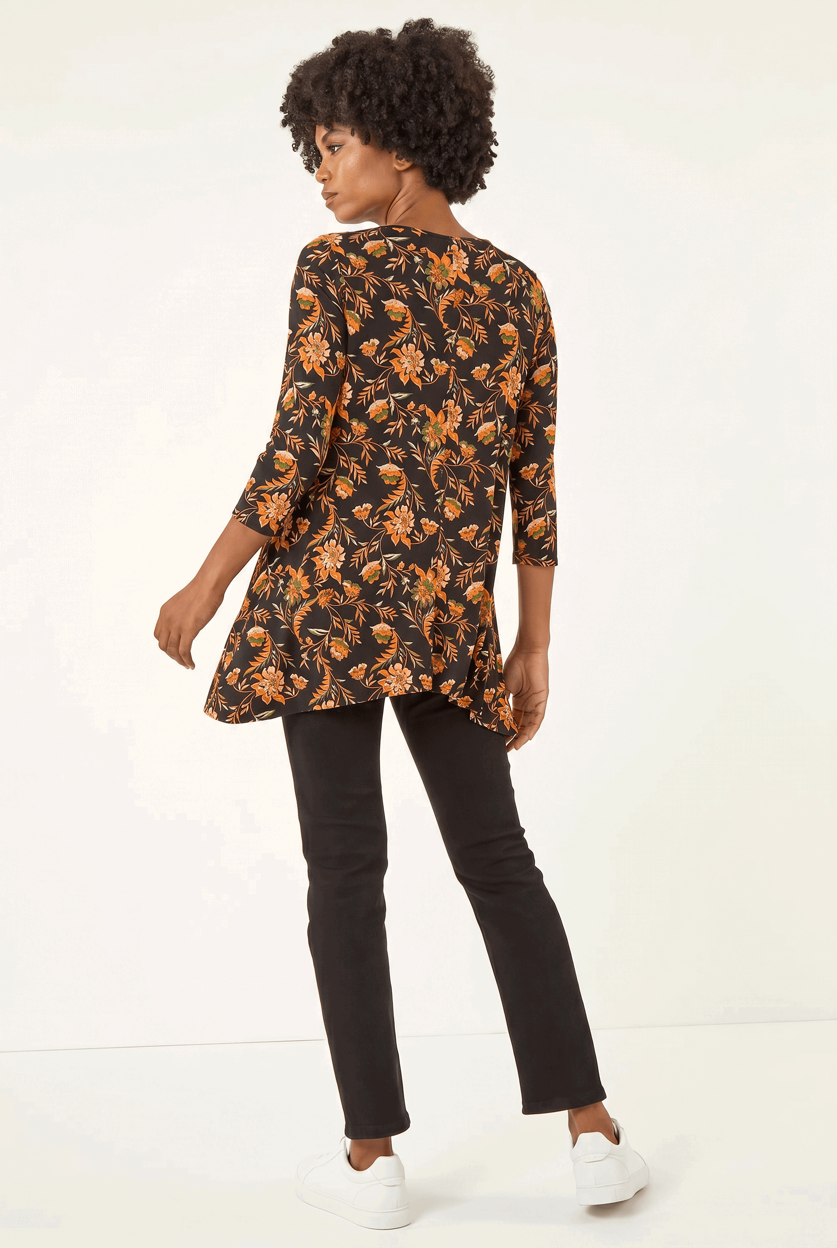 Orange Floral Print Hanky Hem Stretch Top, Image 3 of 5