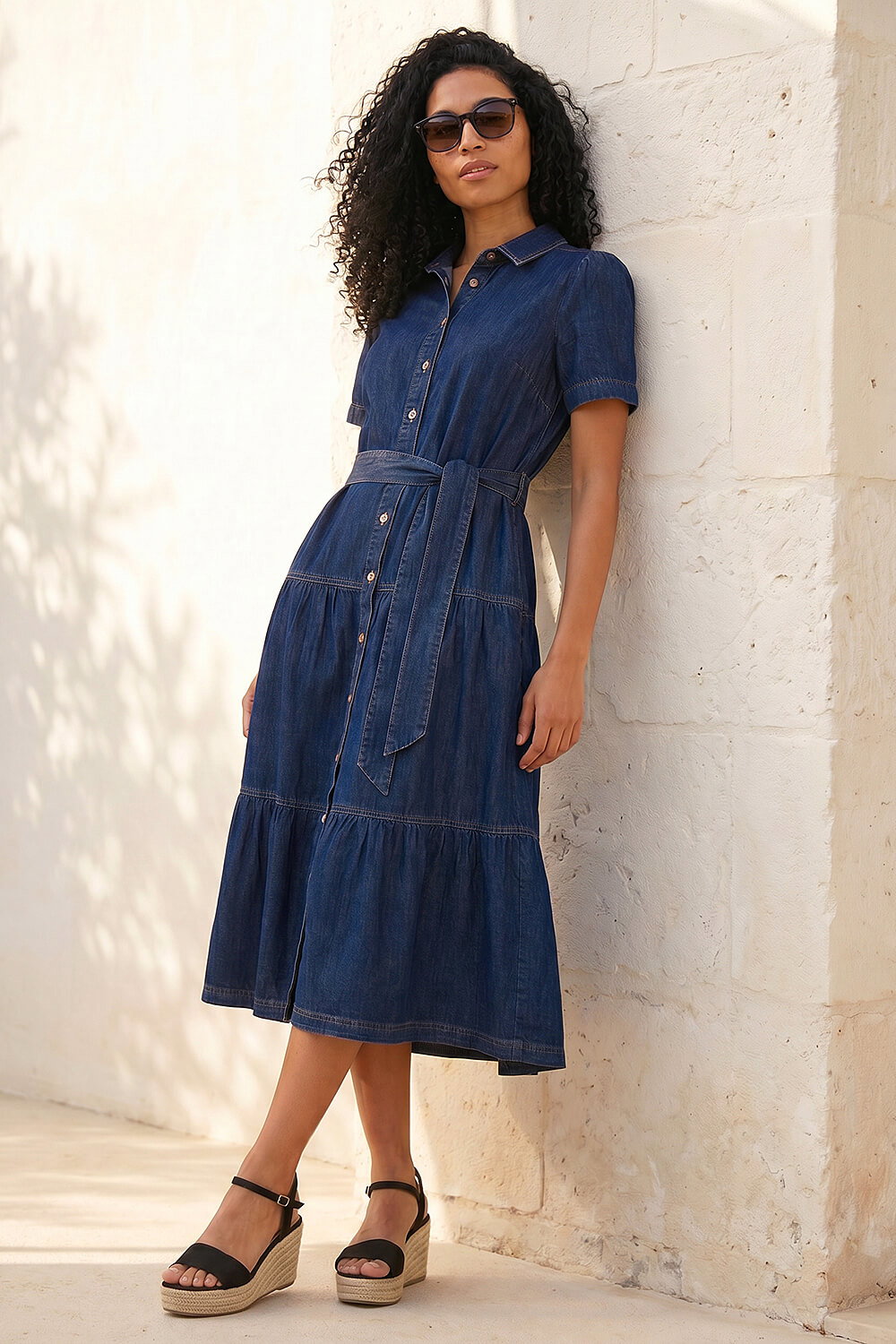 Blue Denim Tiered Cotton Midi Dress, Image 3 of 4