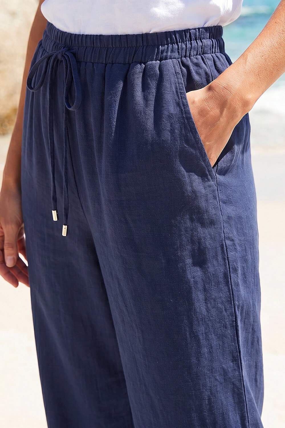 Navy Cropped Linen Blend Trouser, Image 5 of 4