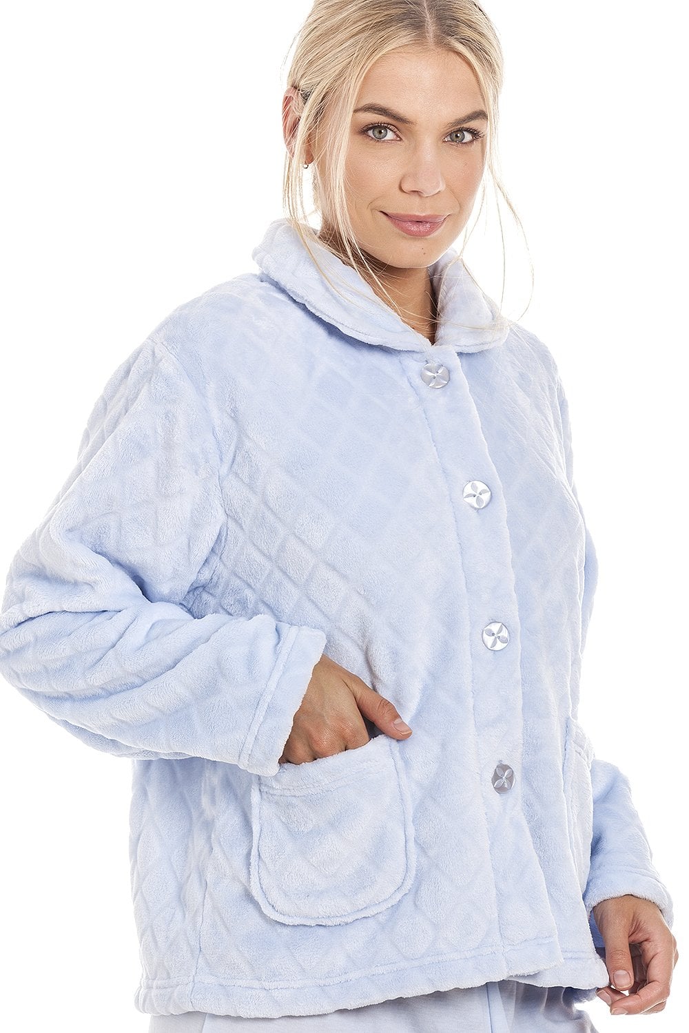 Light Blue Supersoft Diamond Print Button Up Bed Jacket, Image 4 of 4