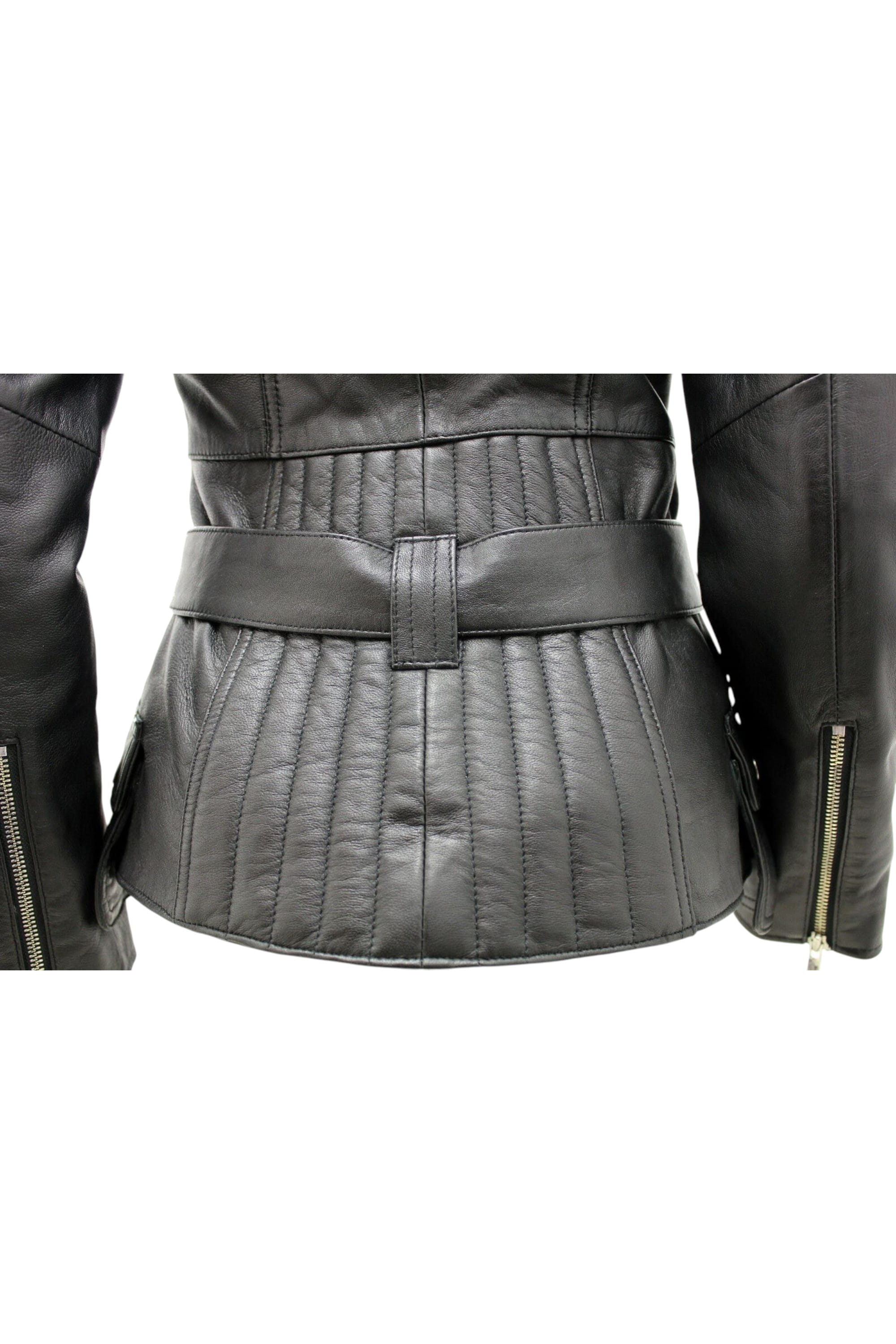 Black Womens Long Leather Biker Jacket-Quito, Image 4 of 4