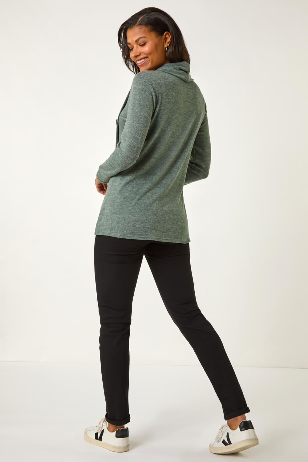 Khaki Cowl Neck Button Stretch Top, Image 4 of 5