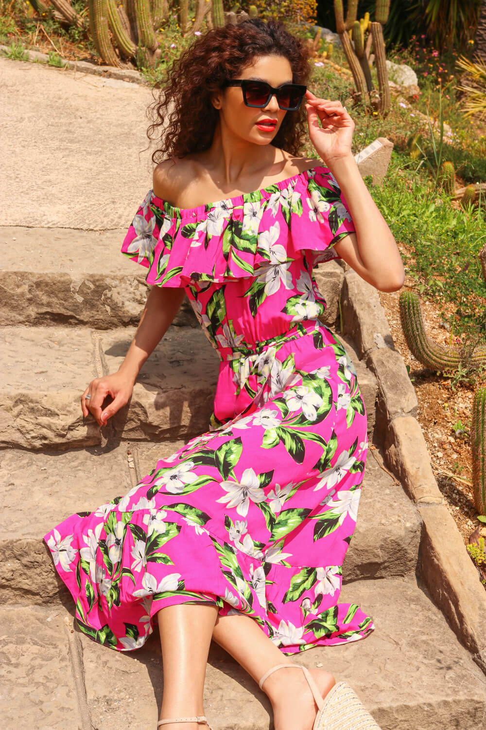Fuchsia Tropical Bardot Stretch Midi Dress, Image 6 of 5