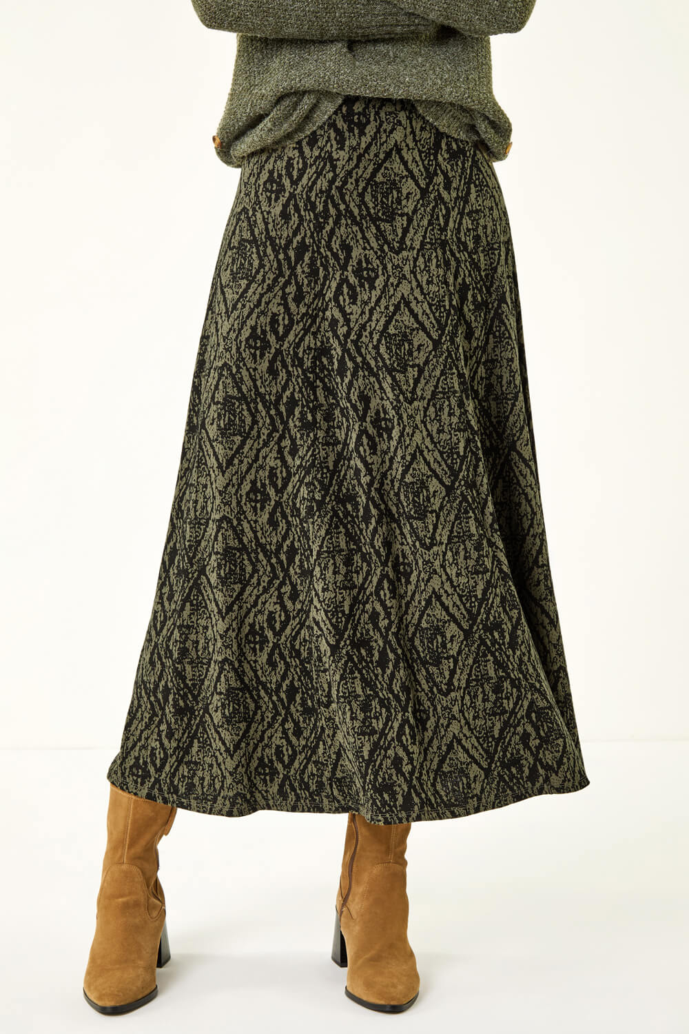 Roman Women's Khaki Abstract Diamond Print Midi Skirt Size 14