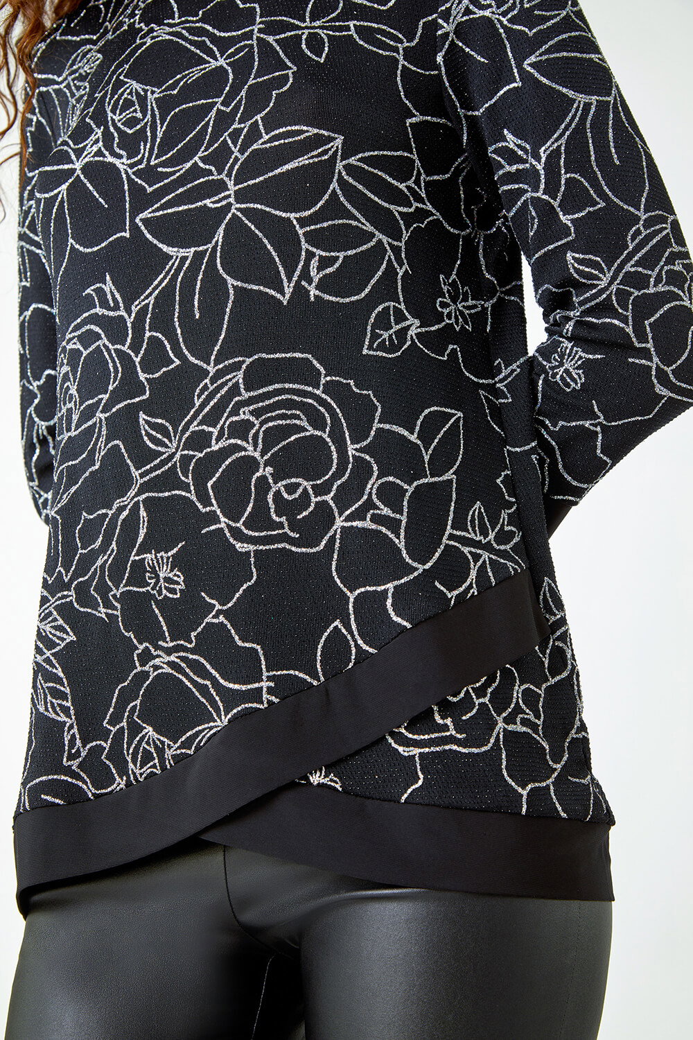 Silver Glitter Rose Print Layered Stretch Top, Image 6 of 5