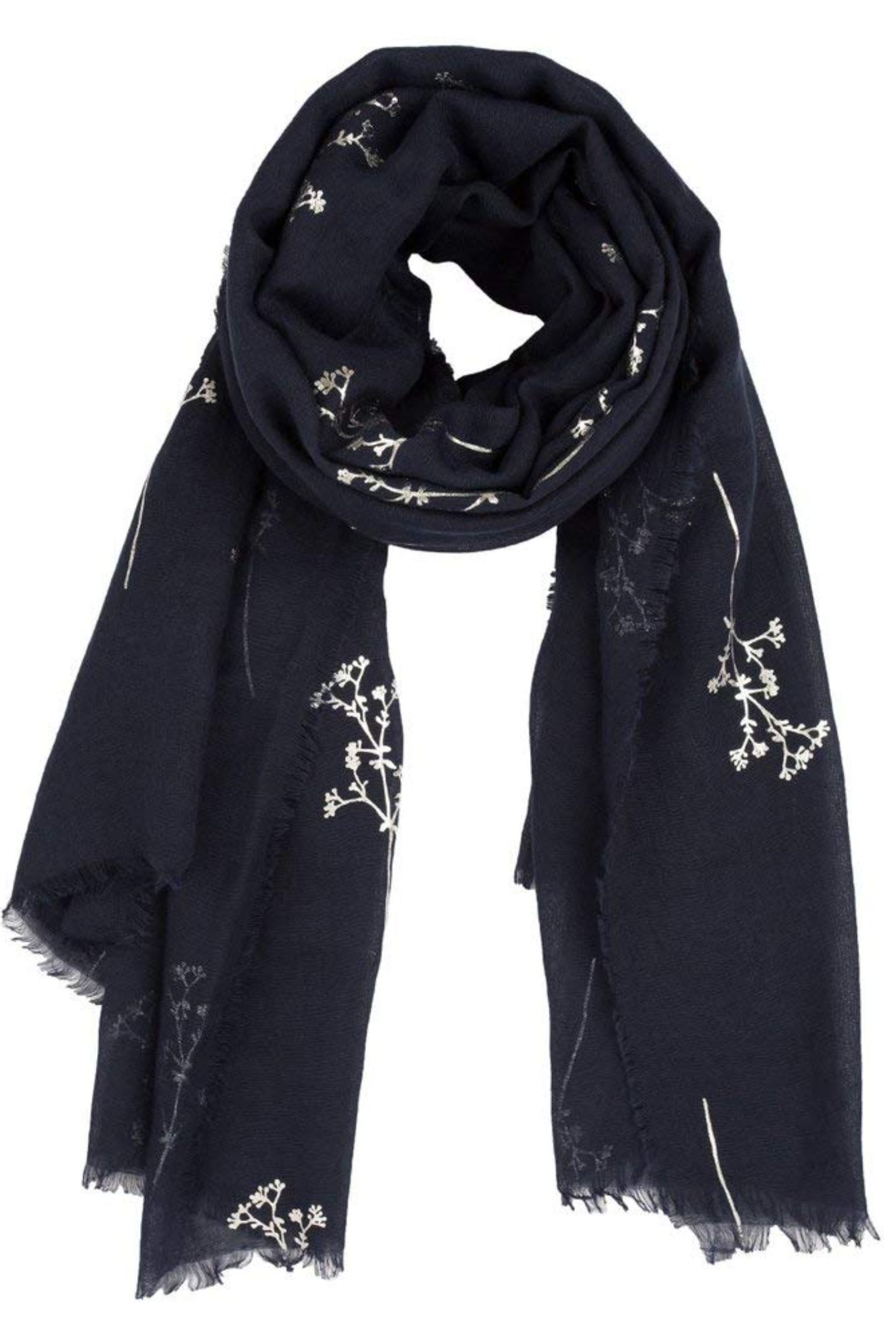 Navy Blue Silver Foil Floral Sprig Lightweight Scarf, Image 3 of 3