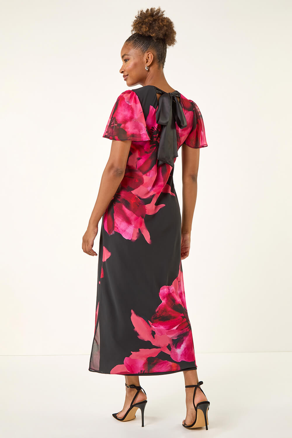 Red Floral Print Flutter Sleeve Midi Dress, Image 4 of 5