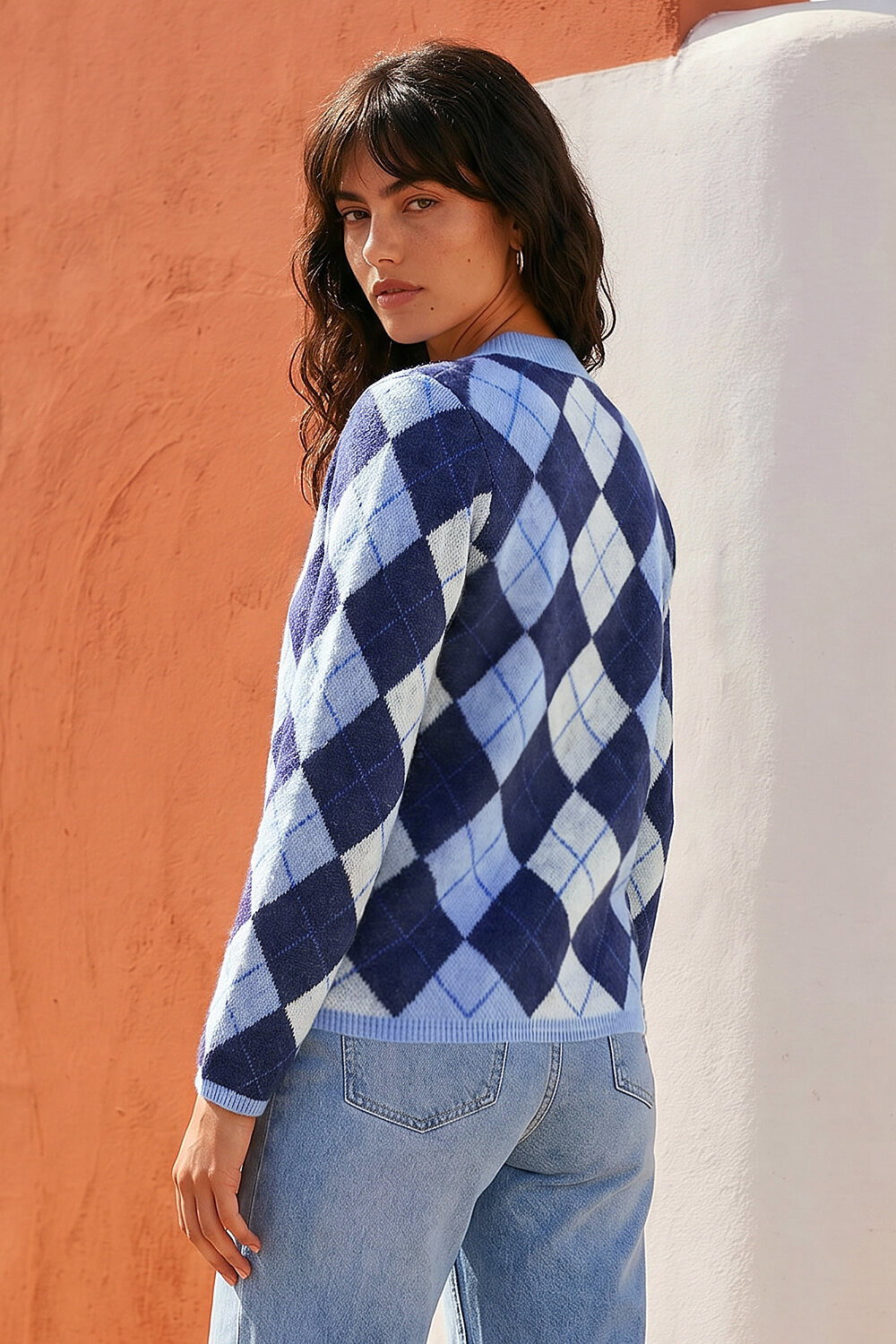 Blue Argyle Buttoned Knit Cardigan, Image 4 of 4