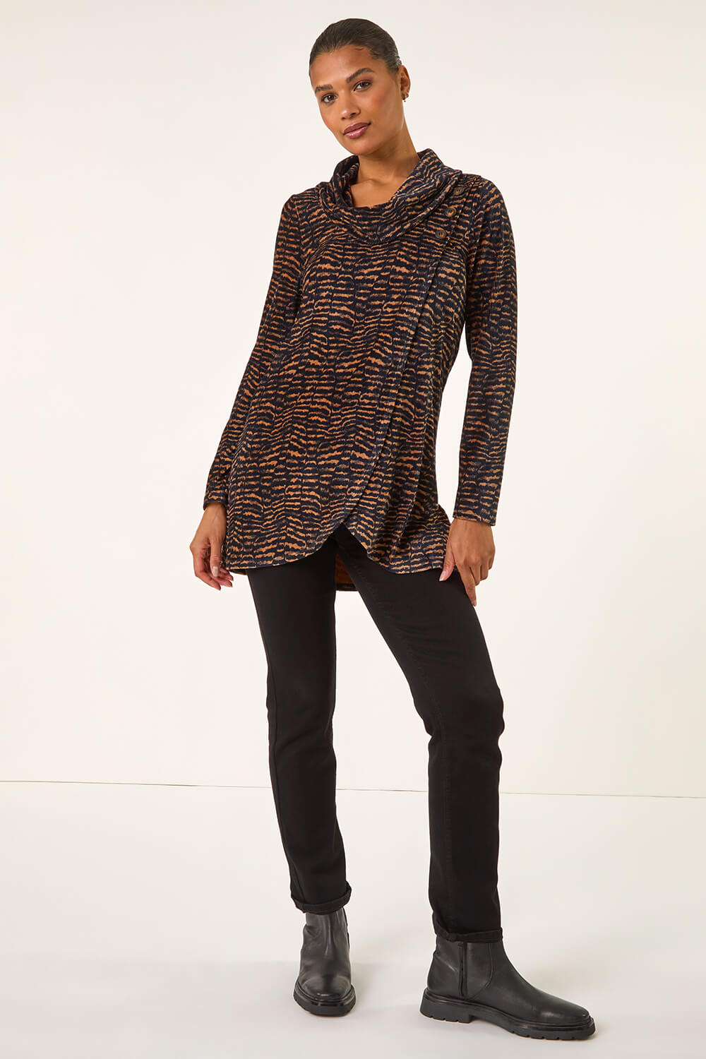 Tan Chenille Cowl Neck Tunic Top, Image 3 of 5