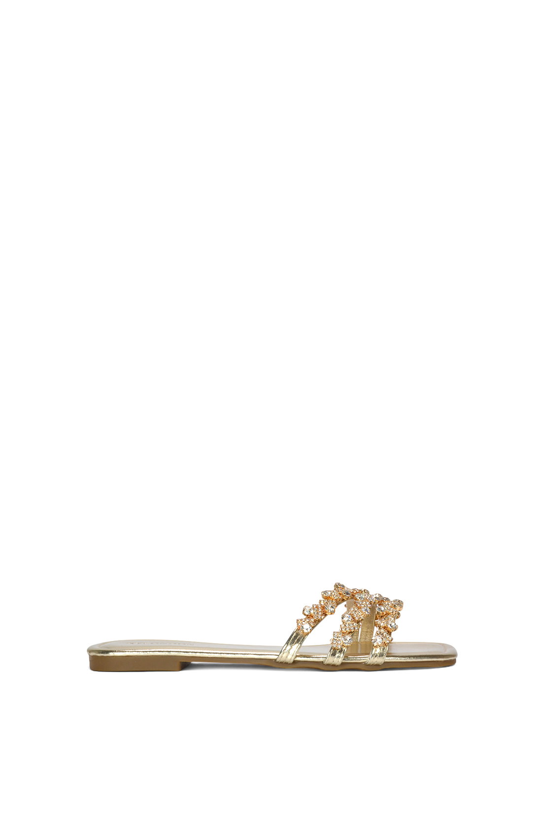 Gold XY LONDON Gold Flat Diamante Strappy Slider Sandals With Square Toe, Image 1 of 6
