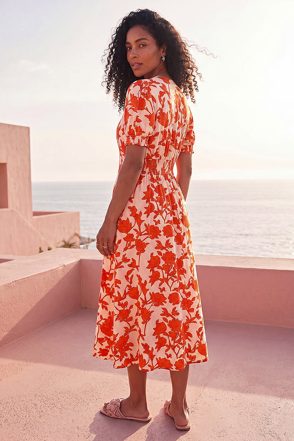 ORANGE Floral Button Down Midi Dress, Image 4 of 4