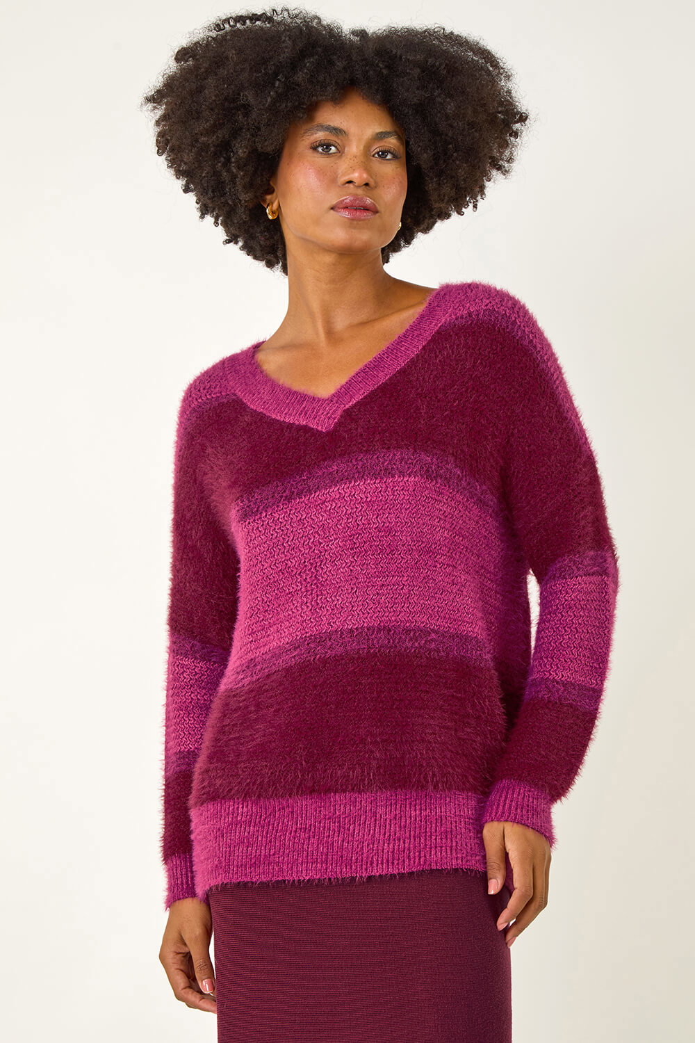 Magenta V-Neck Stripe Knit Jumper, Image 3 of 5
