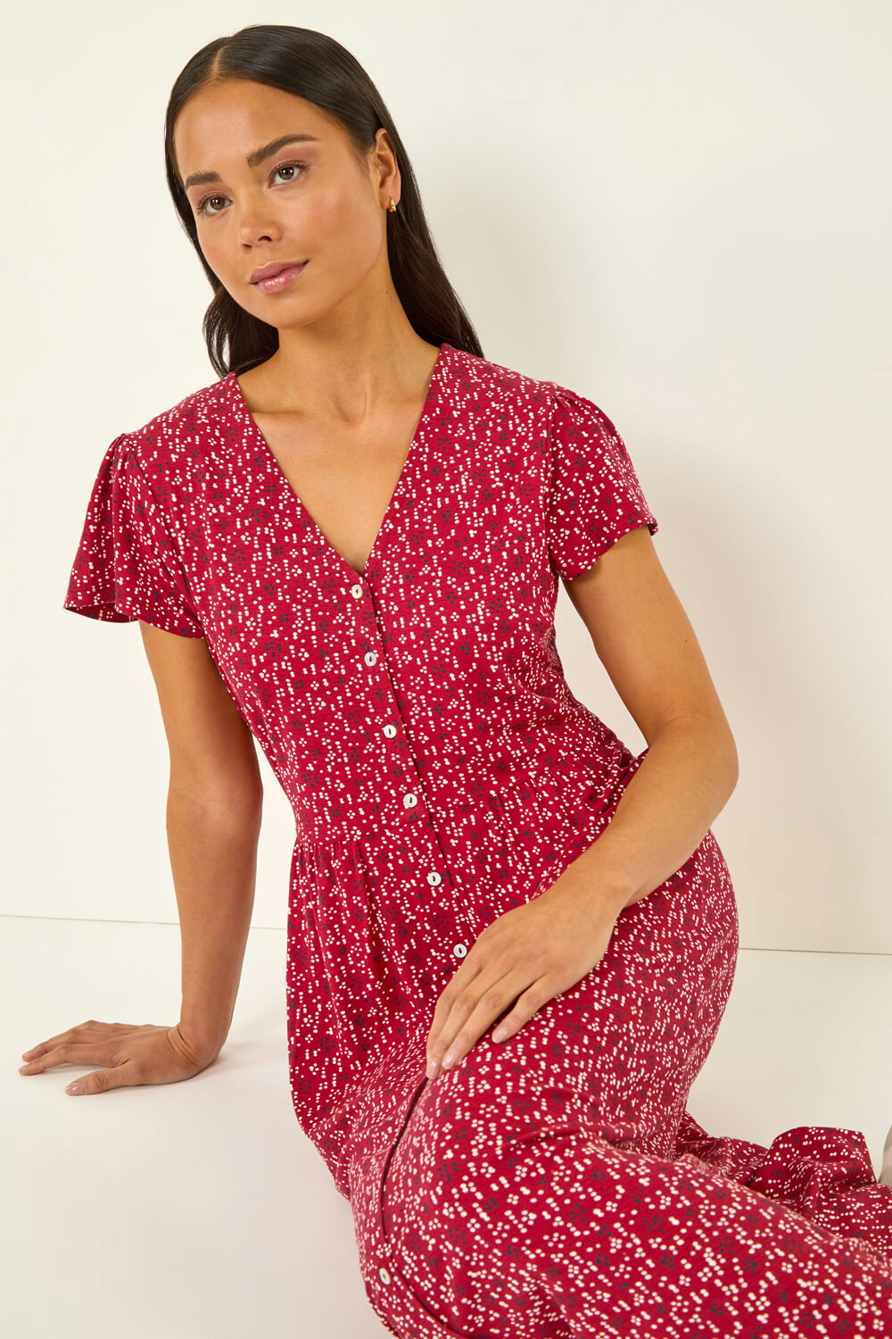 Red Petite Abstract Spot Midi Dress, Image 1 of 5