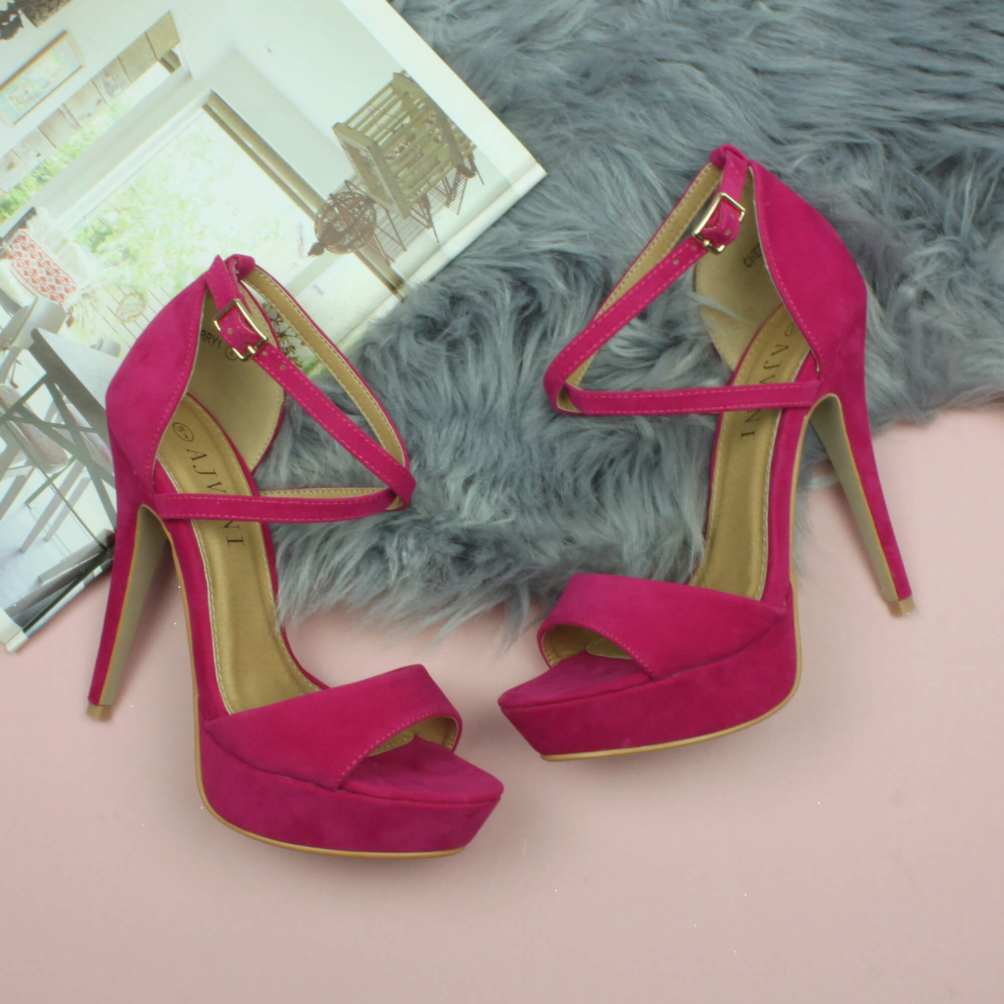 Fuchsia High Heel Crossed Straps Platform Sandals, Image 4 of 6