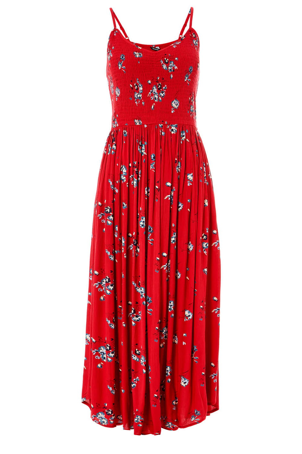 Strappy Shirred Floral Midi Dress in Red - Roman Originals UK