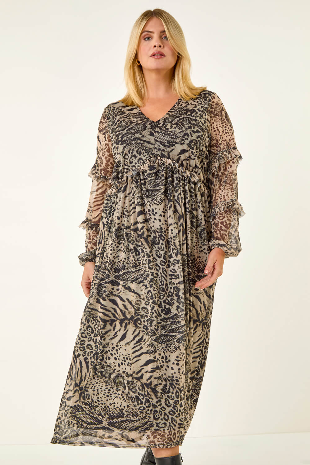 Beige Curve Animal Print Frill Midi Dress, Image 6 of 7