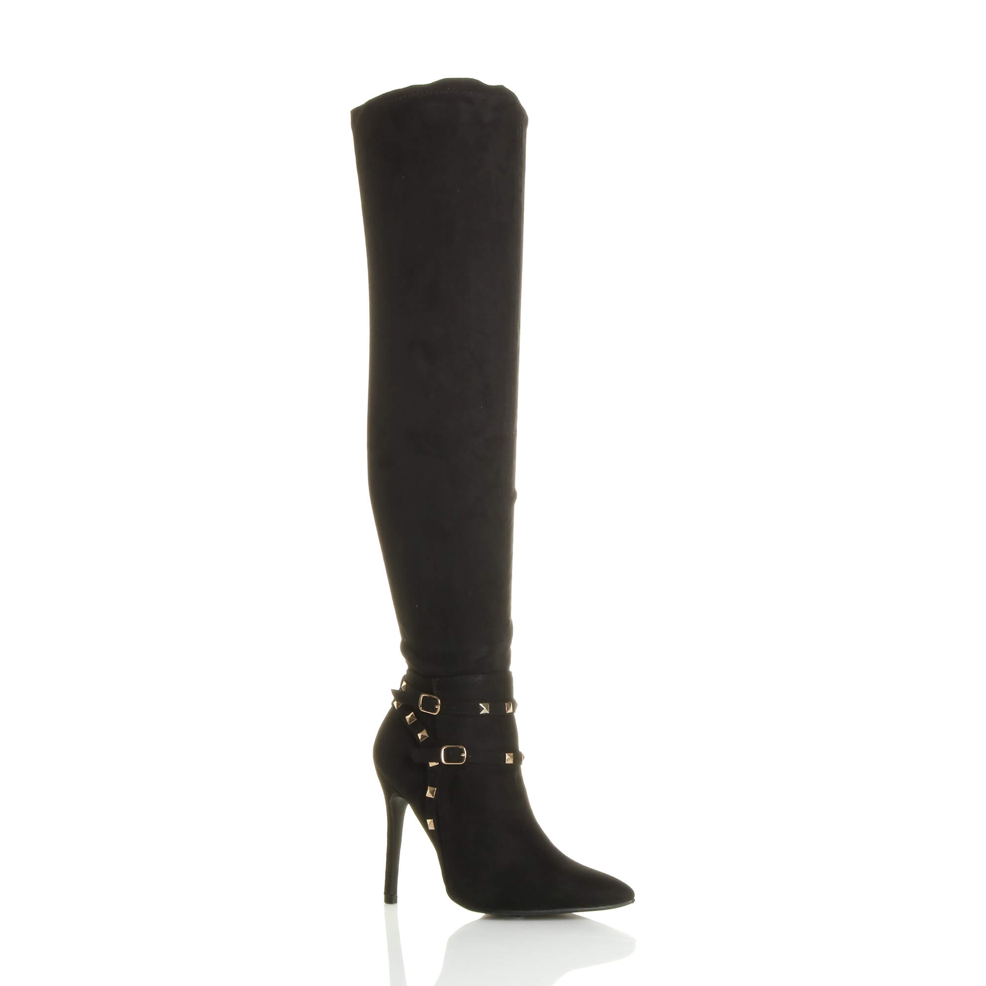 Black High Heel Studded Stretchy Over The Knee Boots