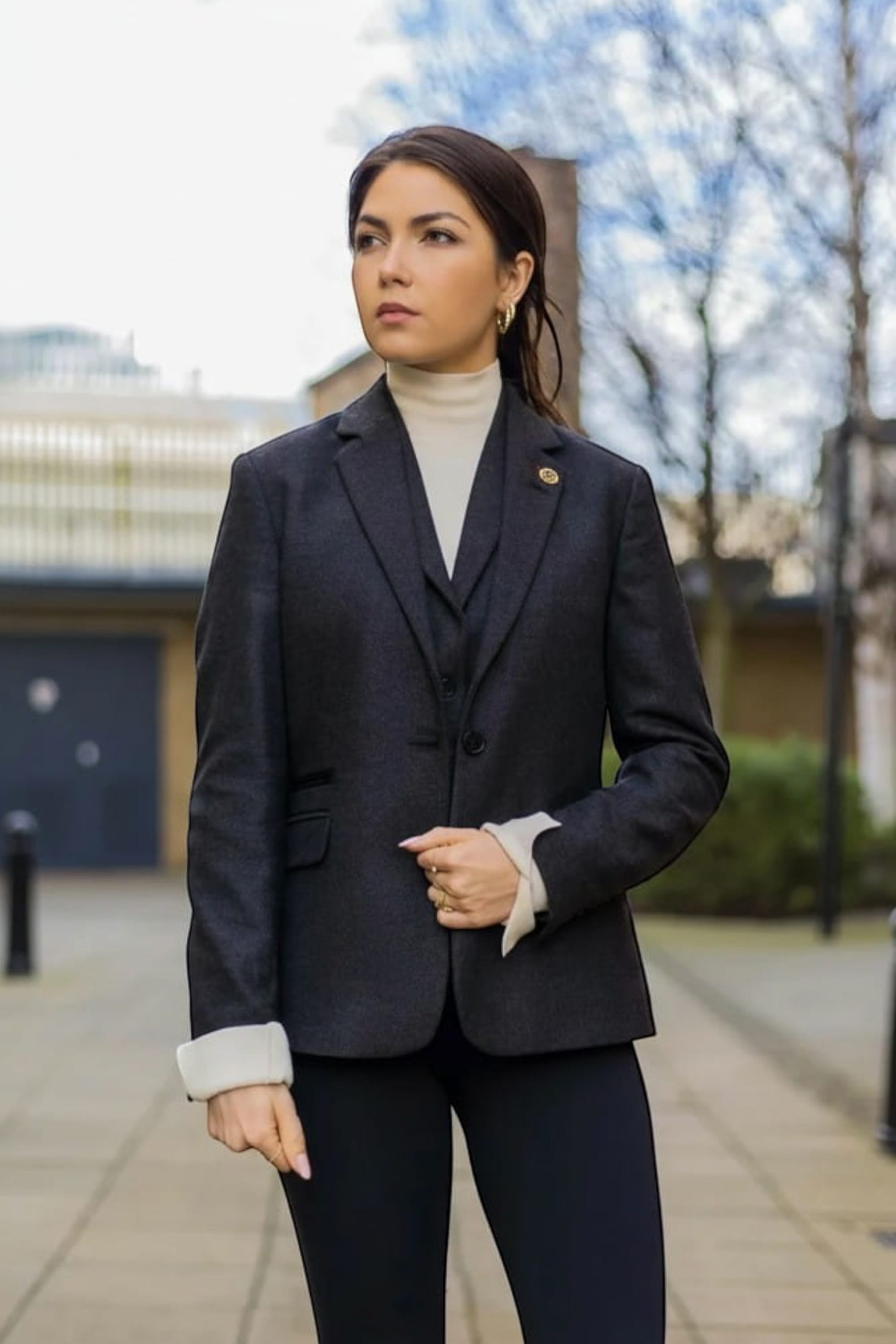 Black Infinity Leather Black Herringbone Check Tweed Wool Blend Blazer, Image 2 of 5