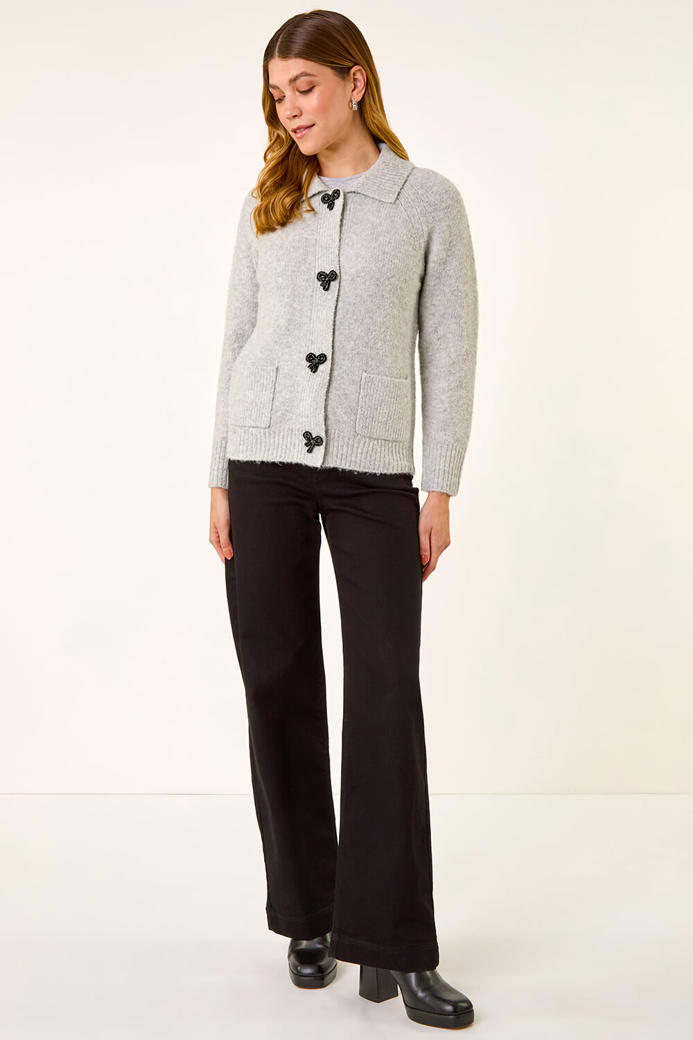 Grey Bow Buttoned Collared Cardigan, Image 3 of 5