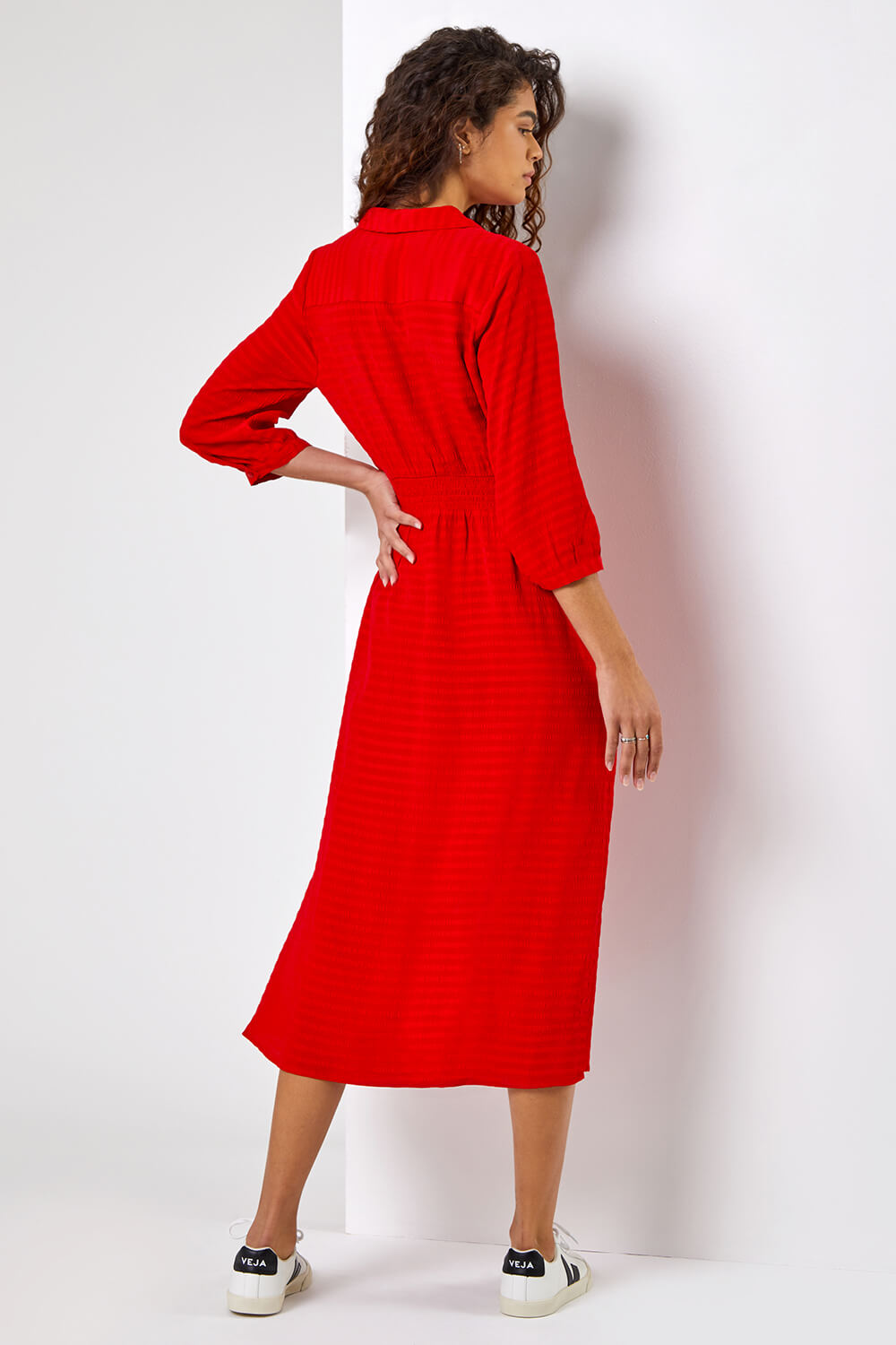 Red Textured Midi Shirt Dress, Image 3 of 5