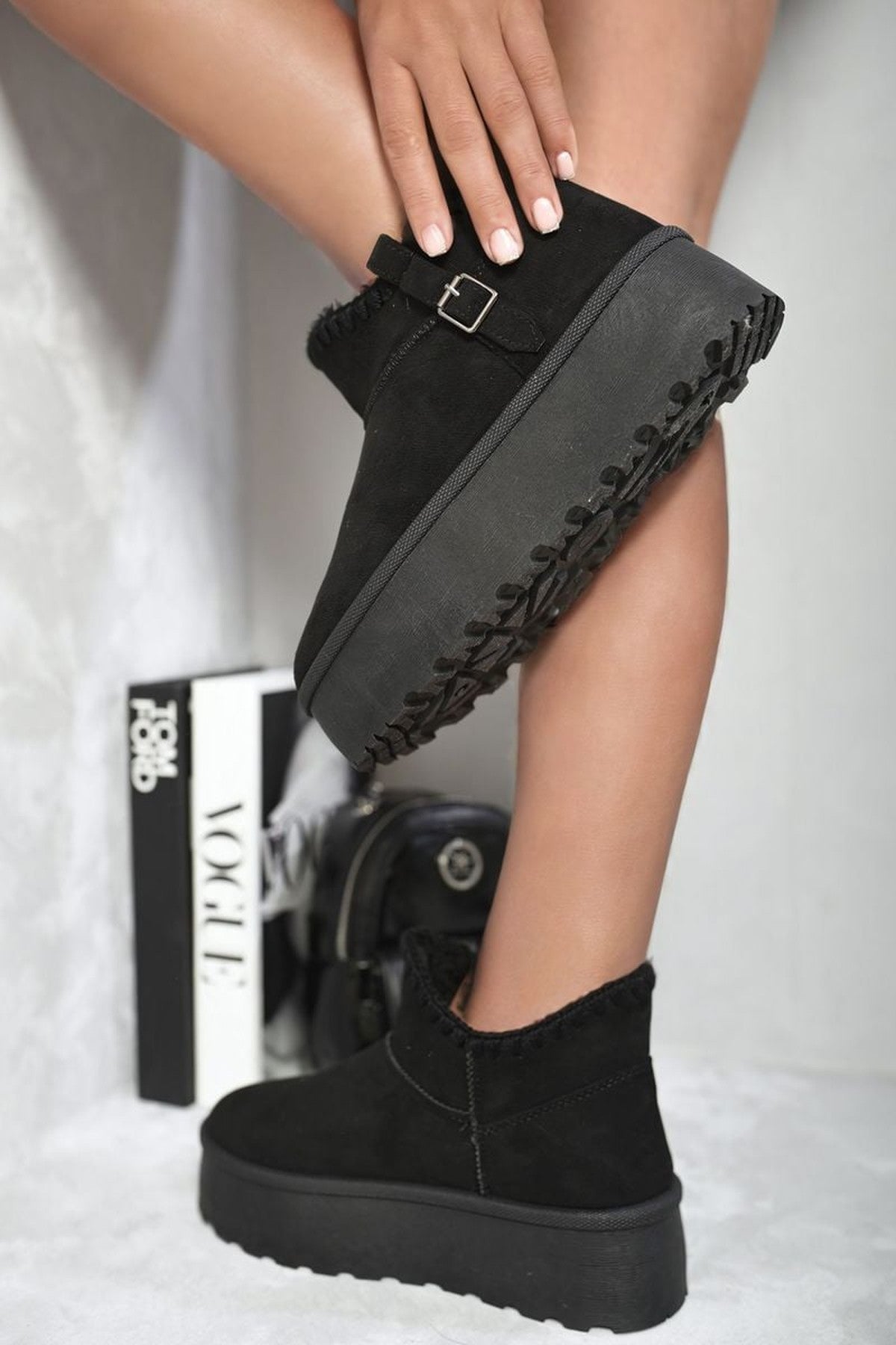 Black iKrush Black Debra Fur-lined Platform Ankle Boots, Image 3 of 3