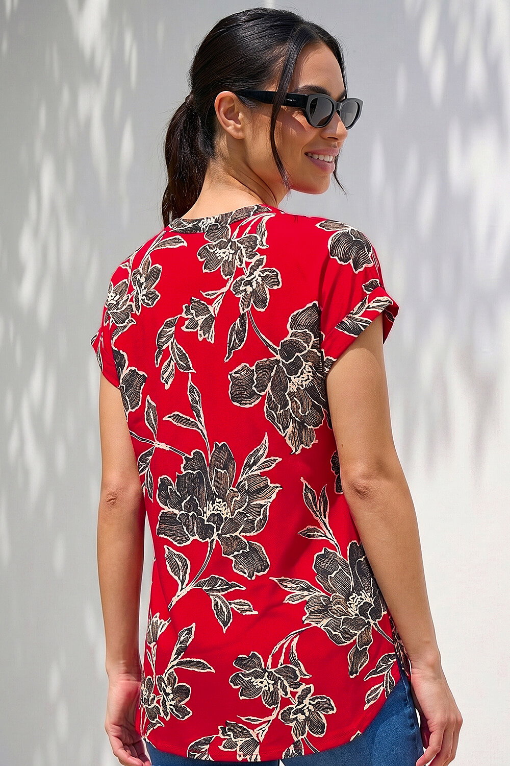 Red Floral Puff Print Stretch Top, Image 4 of 4