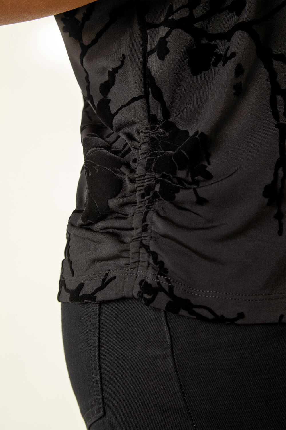 Black Floral Flocked Stretch Top, Image 6 of 5