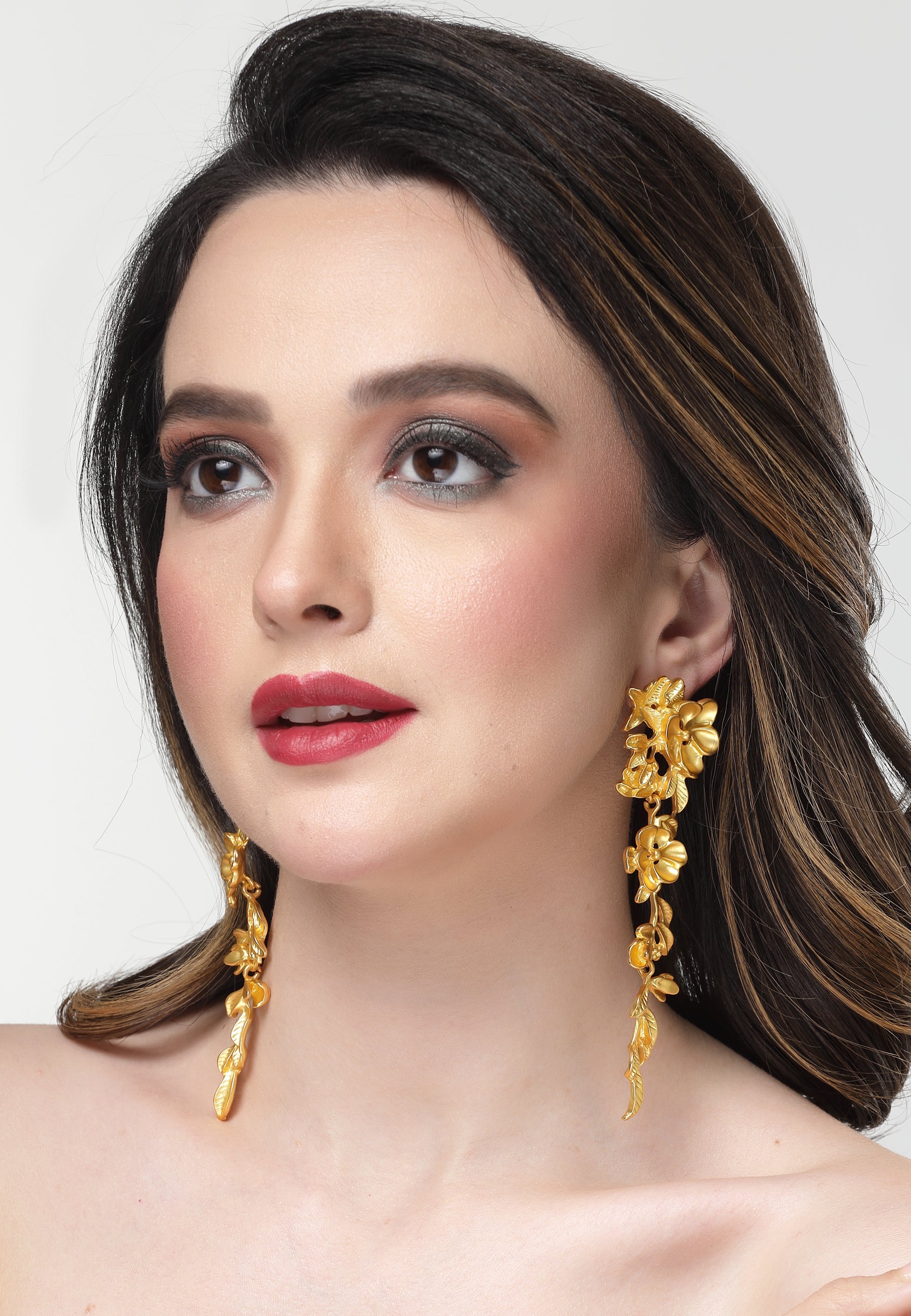 Gold Gold-Coloured Floral Long Earrings, Image 4 of 5