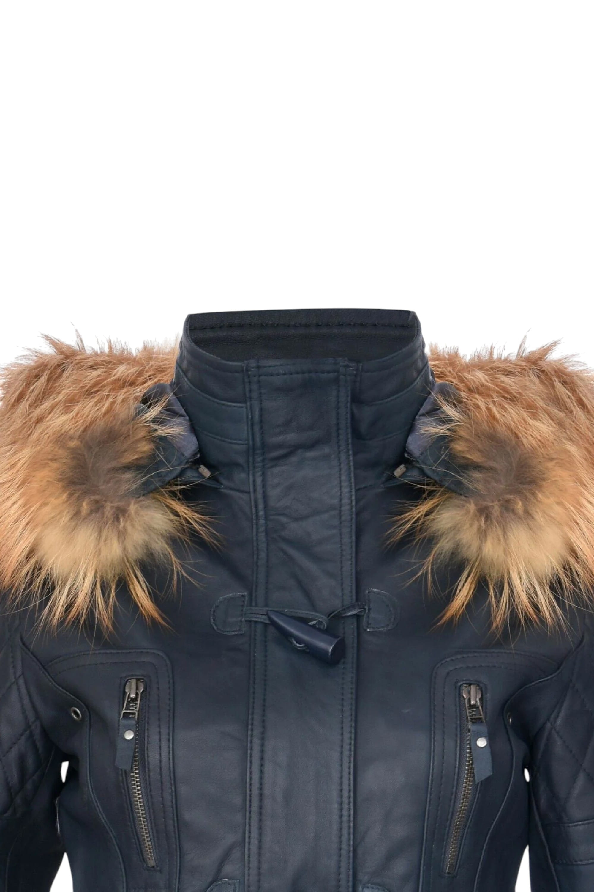 Navy Lamb Leather Parka Fur Hood Jacket, Image 6 of 6