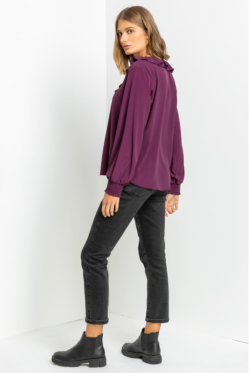 Aubergine Chiffon Frill Neck Detail Top, Image 3 of 4