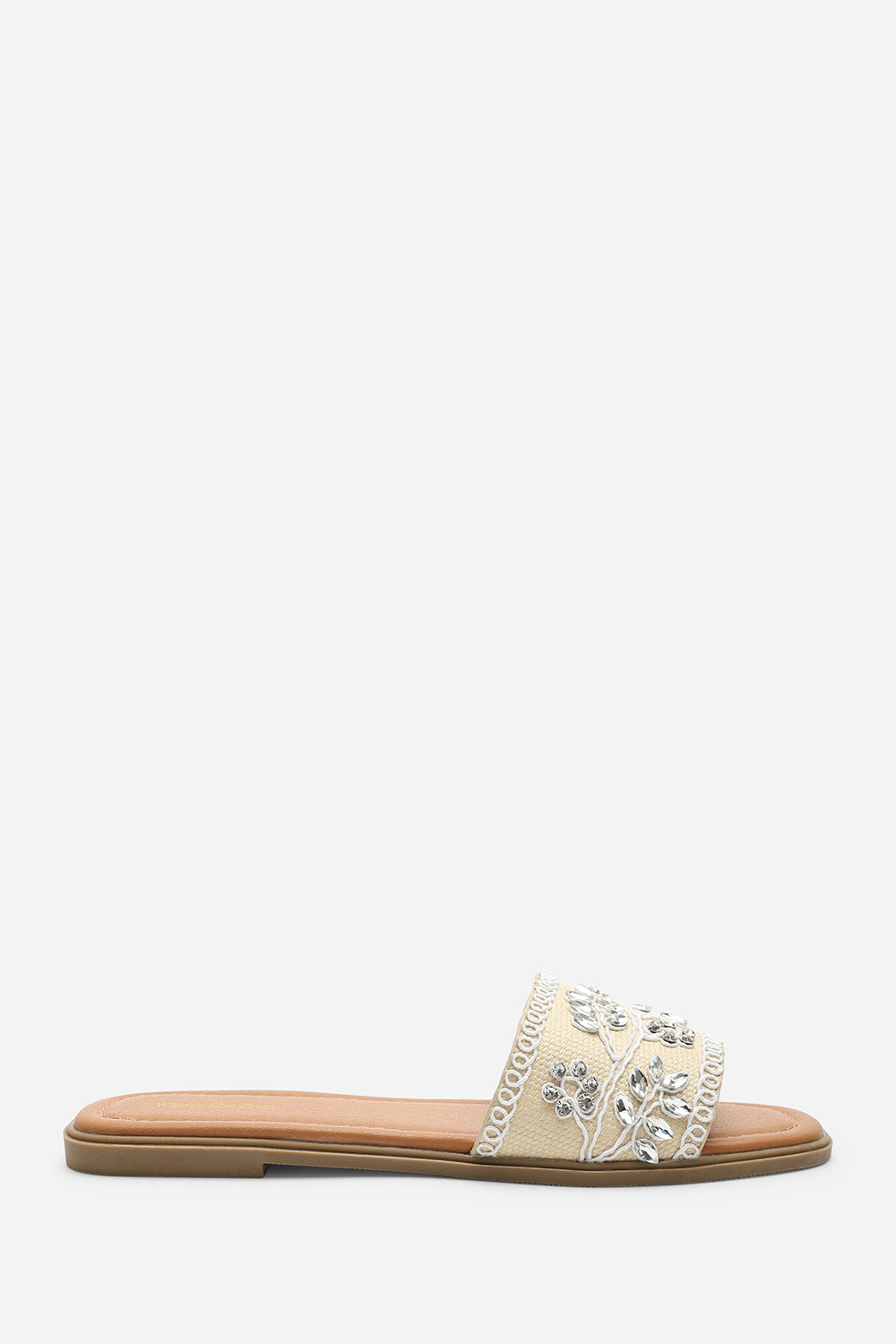 Cream Karter Embellished Canvas Slide On Sandals, Image 3 of 6
