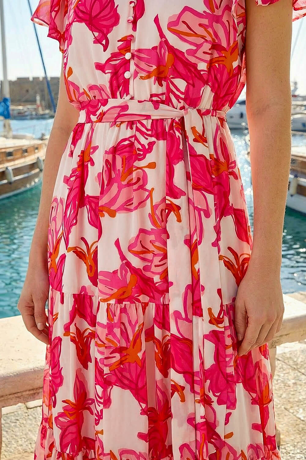 Red Floral Tiered Tie Waist Dress, Image 5 of 4