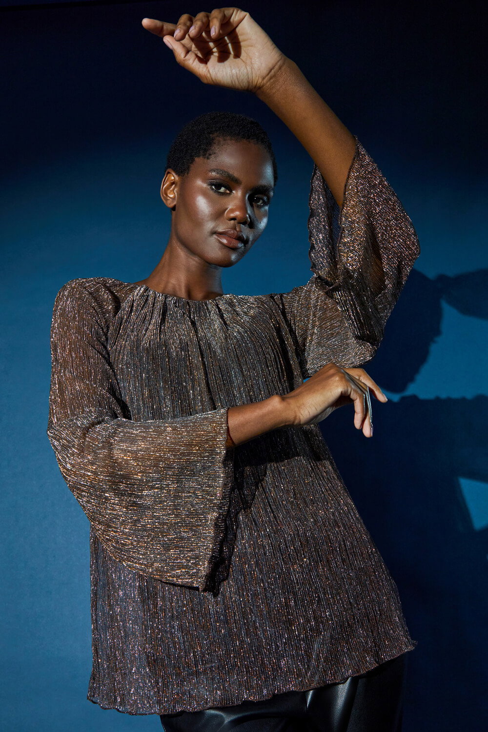 Bronze Plisse Overlay Wide Sleeve Top, Image 1 of 6