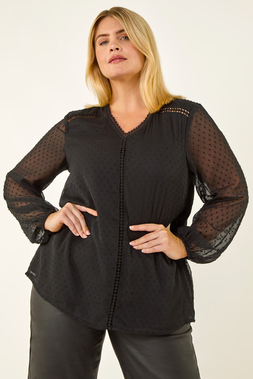 Black Curve Textured V-Neck Top, Image 1 of 5