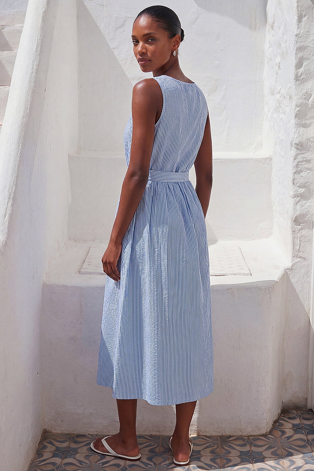 Light Blue Pinstripe Belted Midi Dress, Image 4 of 4