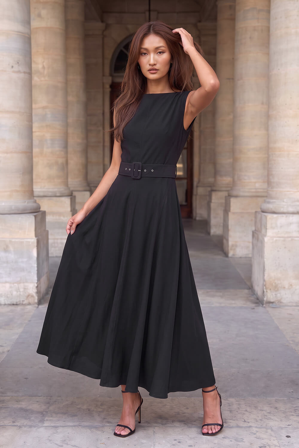 Roman Women's Black Belted Fit And Flare Dress Size 12