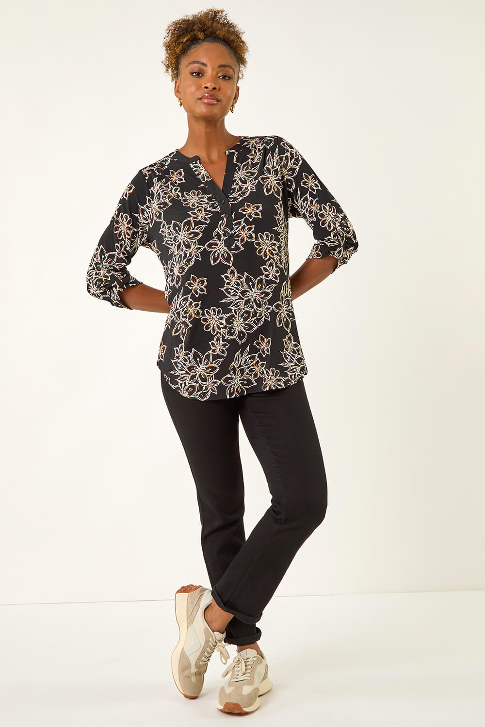Beige Floral Puff Print Stretch Top, Image 3 of 5