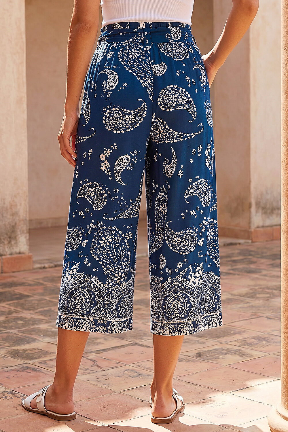 Navy Paisley Print Wide Leg Cropped Trousers, Image 4 of 4