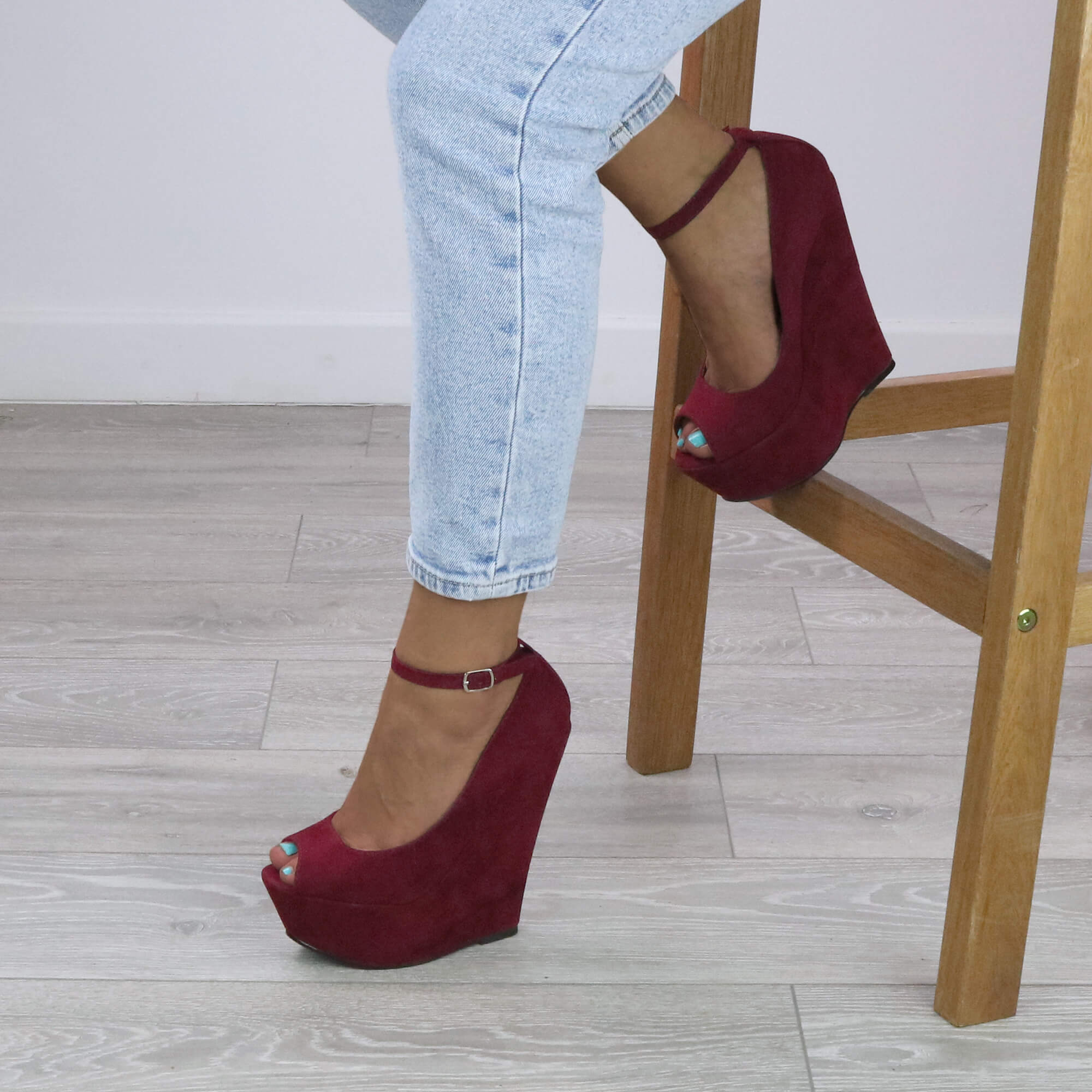 Burgundy High Wedge Heel Ankle Strap Platform Peep Toe Shoes, Image 5 of 6