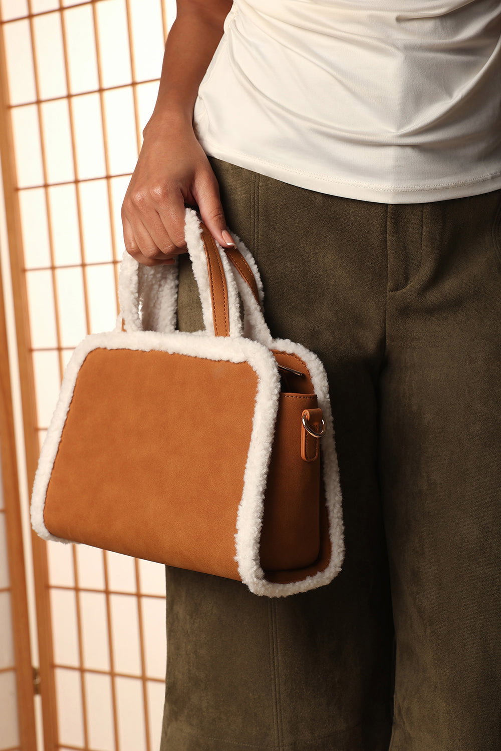 Tan Kismet Borg Trim Tote Bag with Cross Body Strap, Image 2 of 7