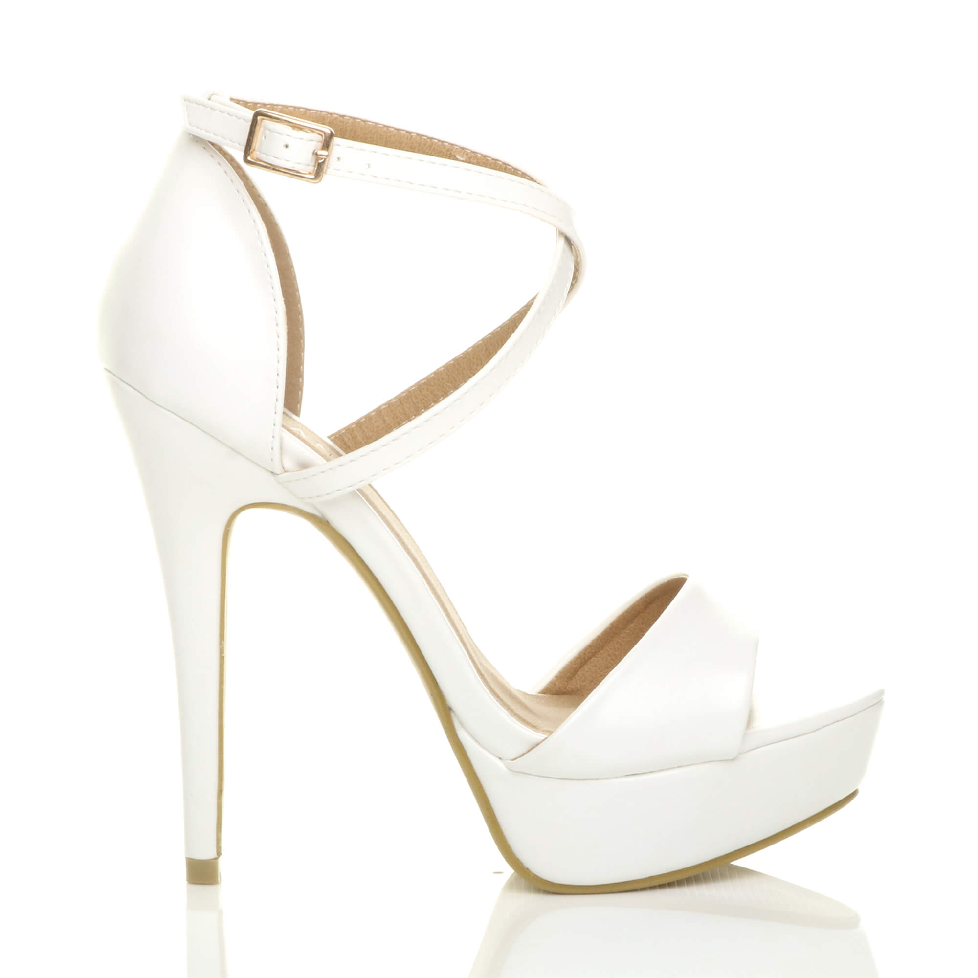 White AJVANI White High Heel Crossed Straps Platform Sandals, Image 2 of 6