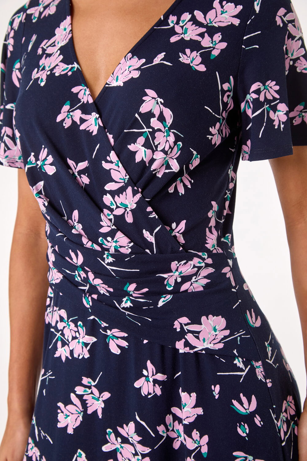 Navy Floral Print Wrap Over Midi Dress, Image 6 of 5