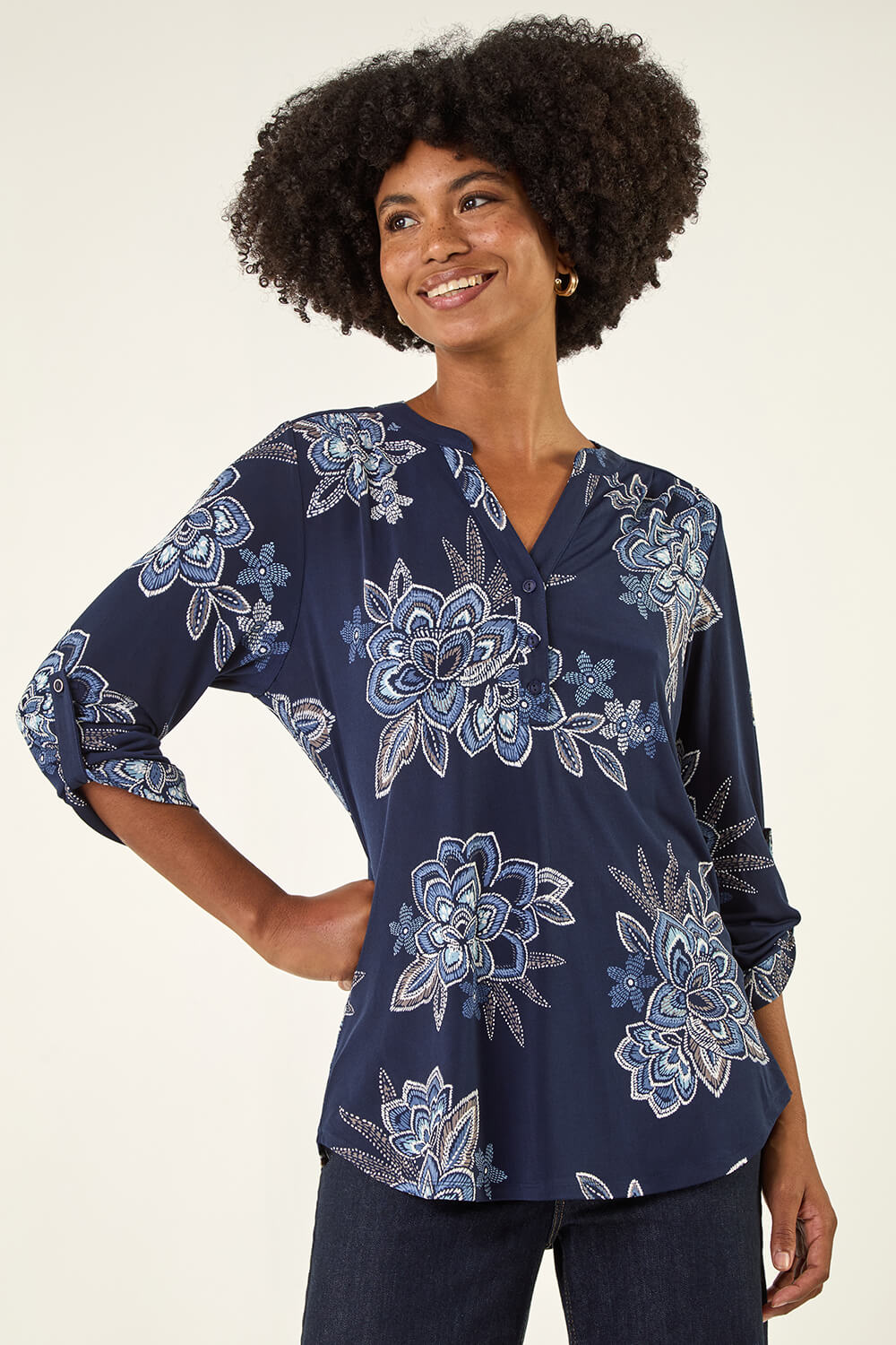 Blue Floral Puff Print Stretch Shirt, Image 5 of 5