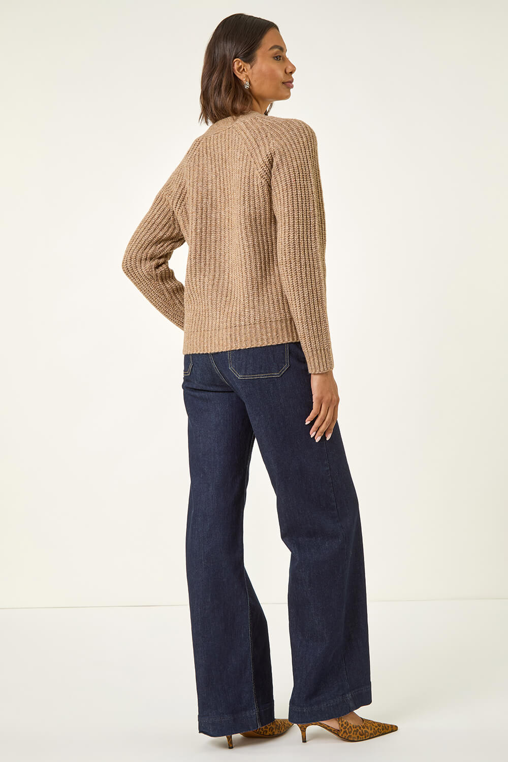 Beige Metallic Button Knit Cardigan, Image 5 of 6