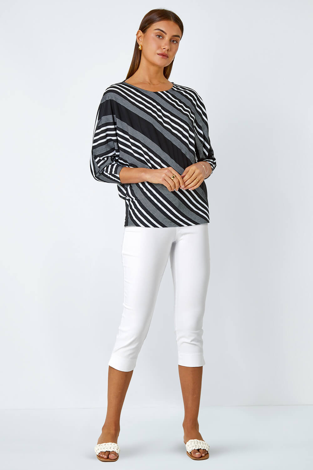 Black Relaxed Stripe Print Stretch Top, Image 3 of 5