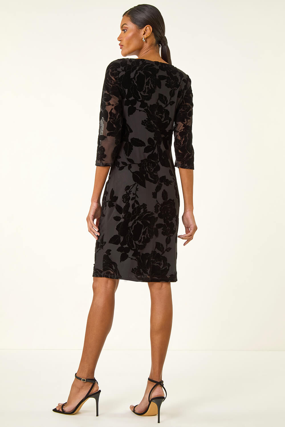 Black Floral Flock Pleat Detail Dress, Image 4 of 5