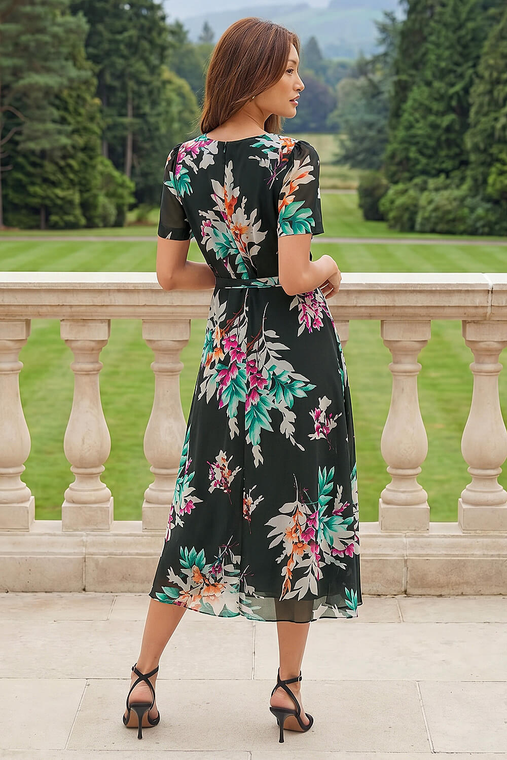 Black Floral Print Pleat Neck Midi Dress , Image 4 of 4