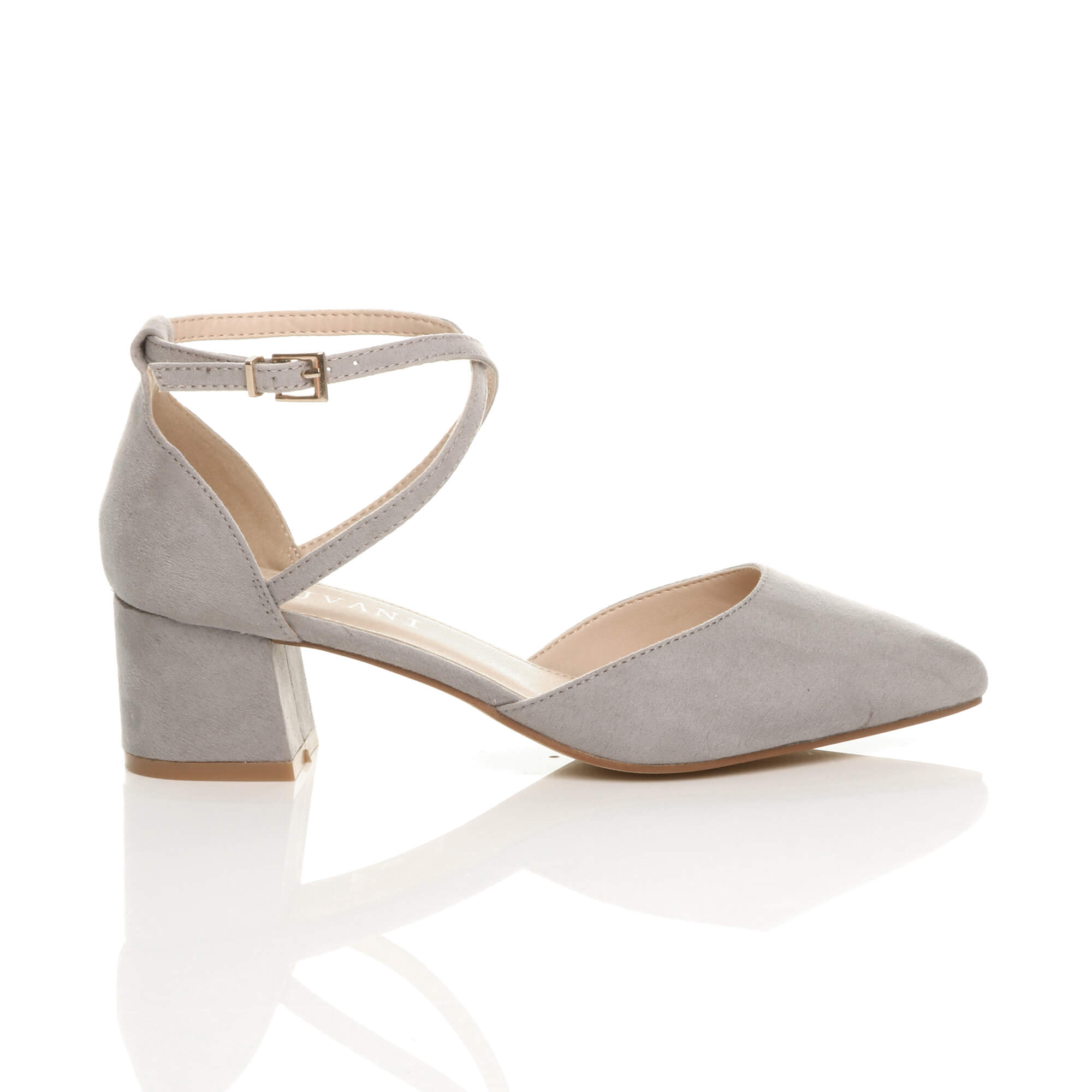 Grey Mid Block Heel Crossed Strap Pointed Toe 2 Part Heels, Image 2 of 6
