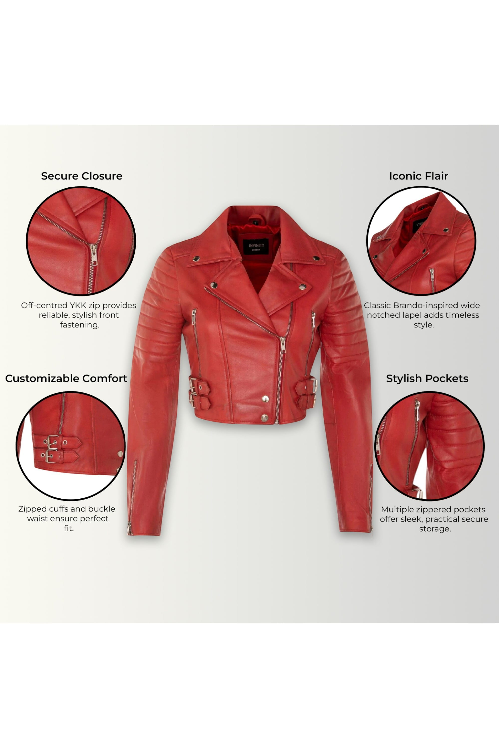 Red Infinity Leather Red Brando Cropped Leather Jacket-Longtown, Image 3 of 6